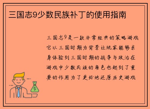 三国志9少数民族补丁的使用指南